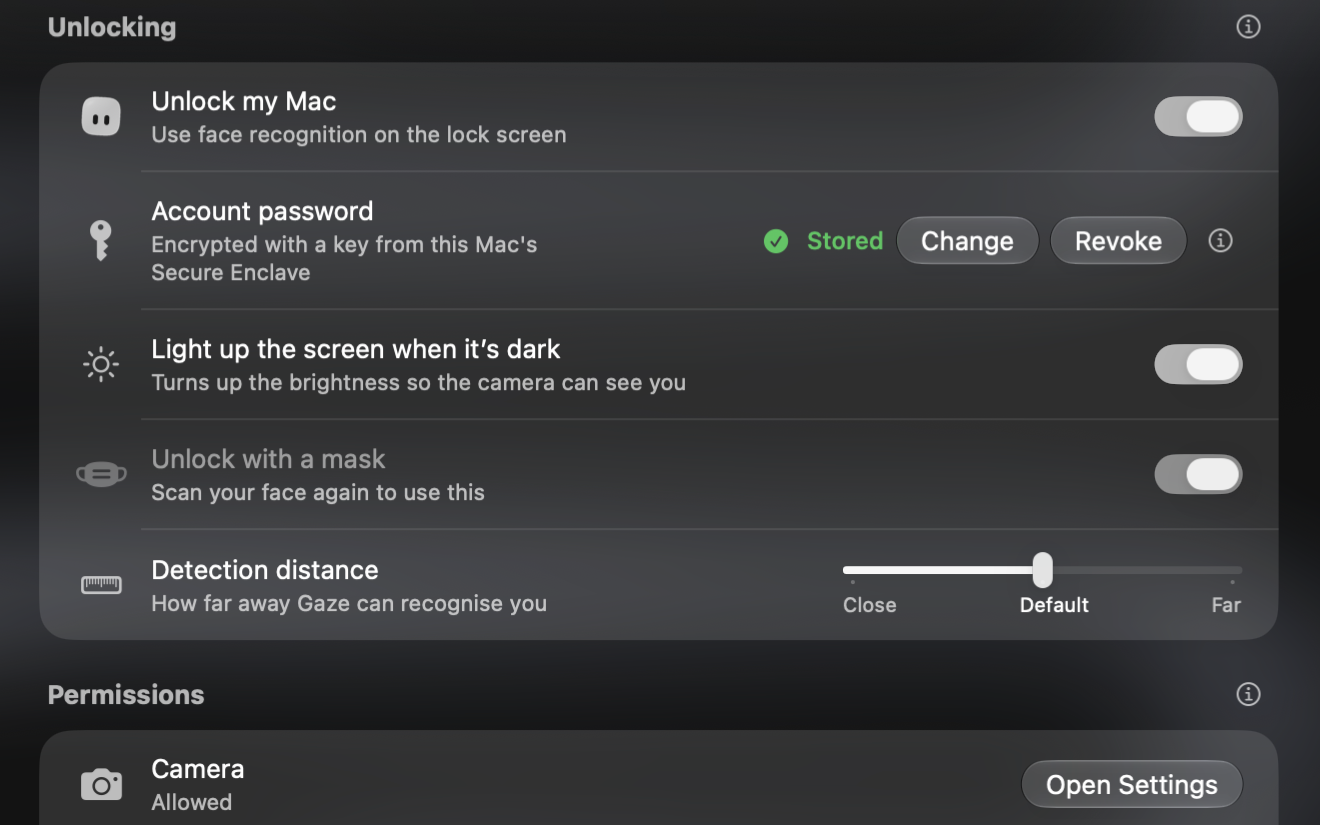 Gaze Unlock settings: Unlock my Mac, the stored password, the dark-room light and detection distance