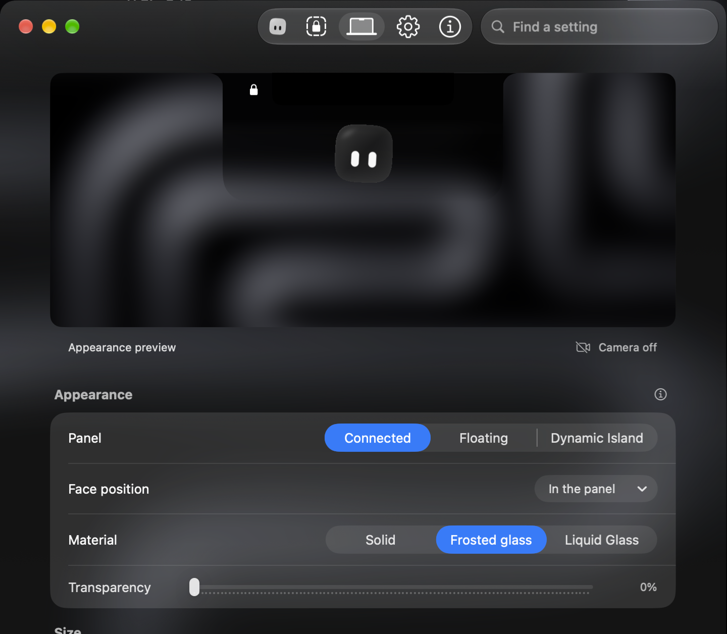 Gaze’s panel Appearance settings: a live preview, Connected, Floating or Dynamic Island, face position, Solid, Frosted glass or Liquid Glass, and transparency.