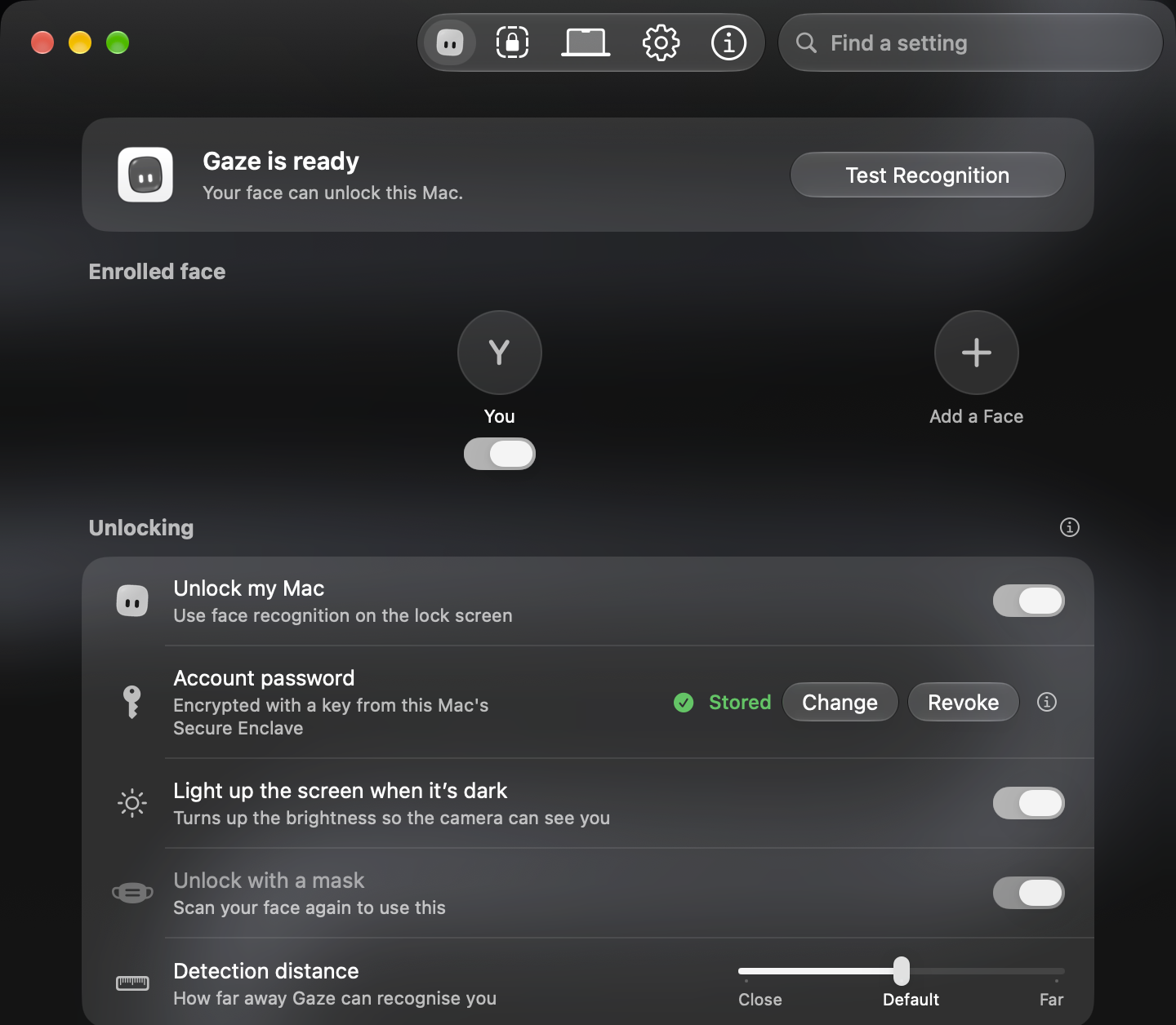 Gaze’s Unlock settings window: Gaze is ready, your enrolled face, Unlock my Mac, the stored password, the dark-room light and detection distance.