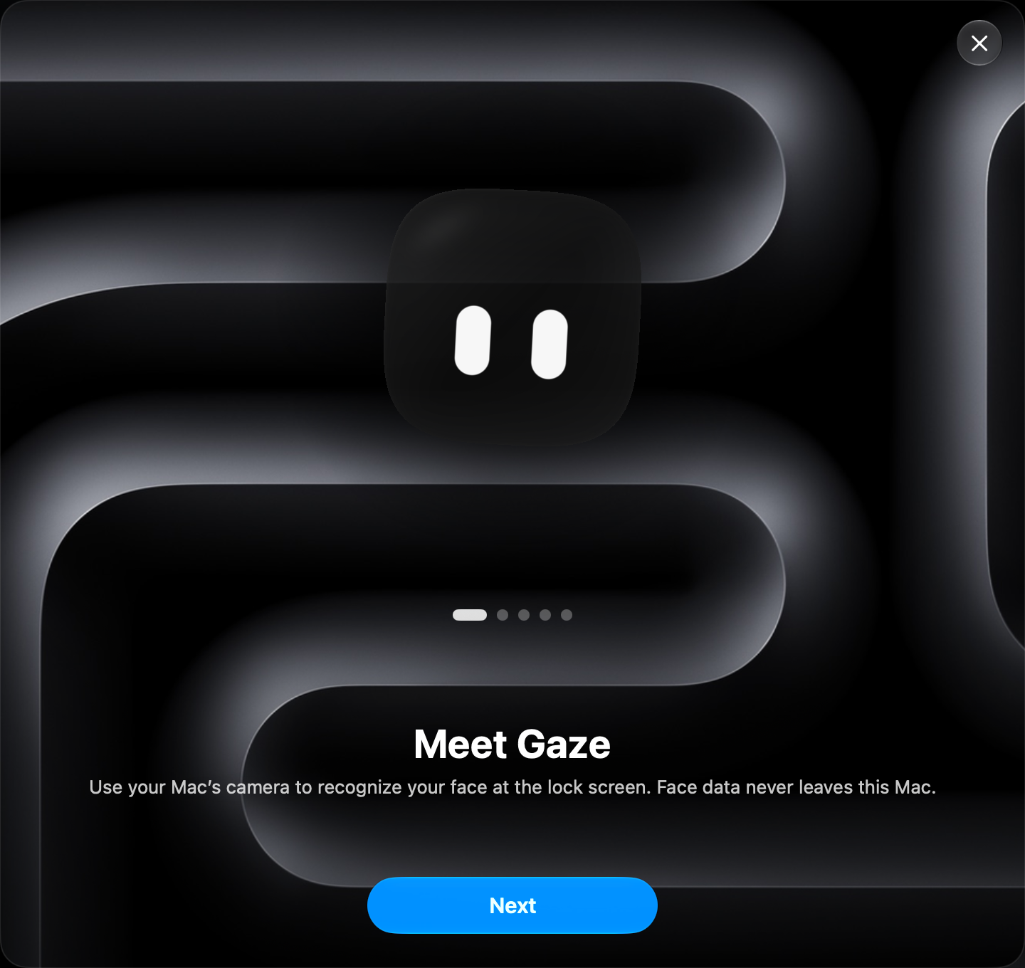The first page of Gaze's welcome tour: the Gaze companion on the Pro Black wallpaper above the words Meet Gaze